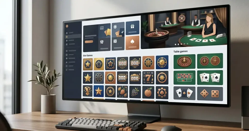 Redactionele illustratie van een brede digitale casinocatalogus met verschillende spelcategorieën