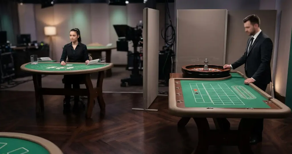 Redactionele illustratie van een live casinotafel met dealeropstelling zonder merklogo