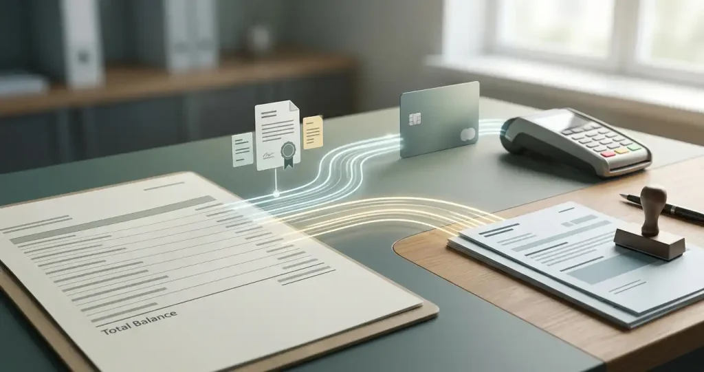 Redactionele illustratie van een uitbetaling via kaart en bank